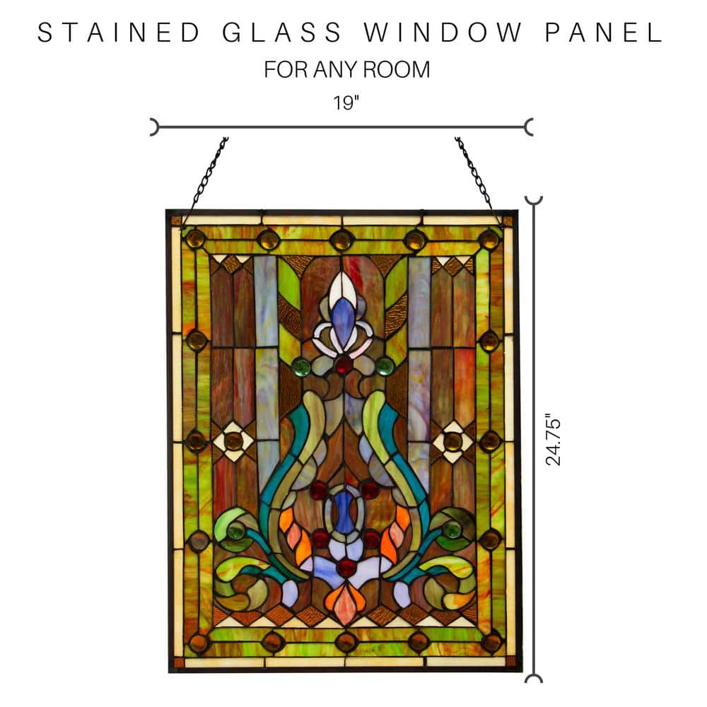 Multicolor Stained Glass Fleur de Lis Window Panel with Chain