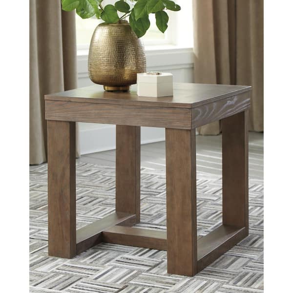 Signature DESIGN BY ASHLEY Cariton 23.88 in. Grayish Brown Square Wood End Table with Trestle Base