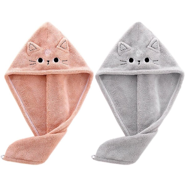 Pink and Gray 2 Pack Microfiber Hair Towel Wrap Cat Pattern Super Absorbent Quick Dry Turban for Women Girls