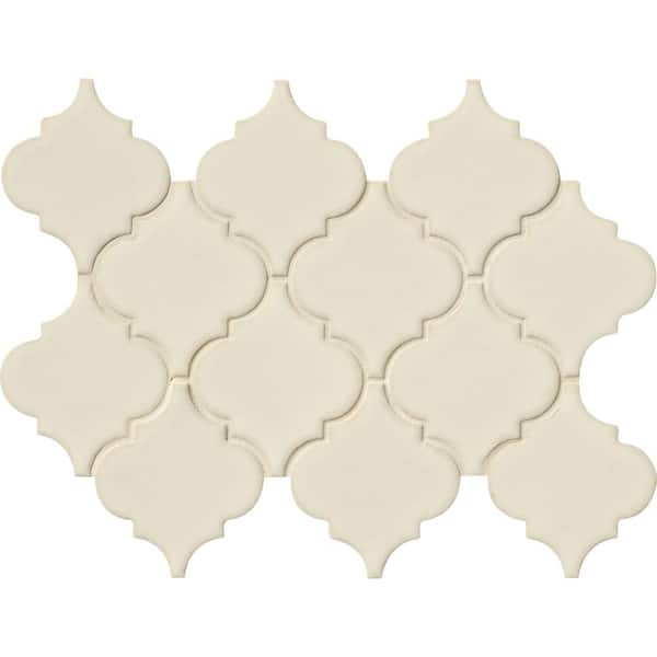 Antique White Arabesque 4 in. x 4 in. x 8 mm Glossy Ceramic Mesh-Mounted Mosaic Tile - 4 in. x 4 in. Tile Sample