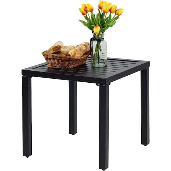 OUPES Black Square Steel Outdoor End Table with Slat Top