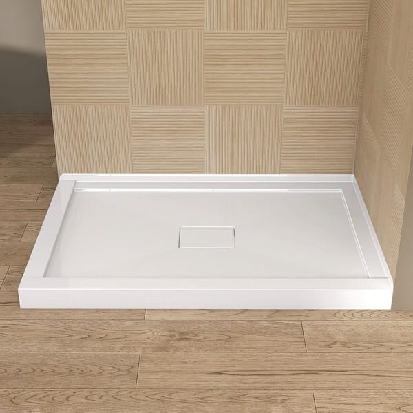 48 in. L x 32 in. W White Double Threshold Corner Shower Pan Base Acrylic Rectangular Shower Tray with Center Drain