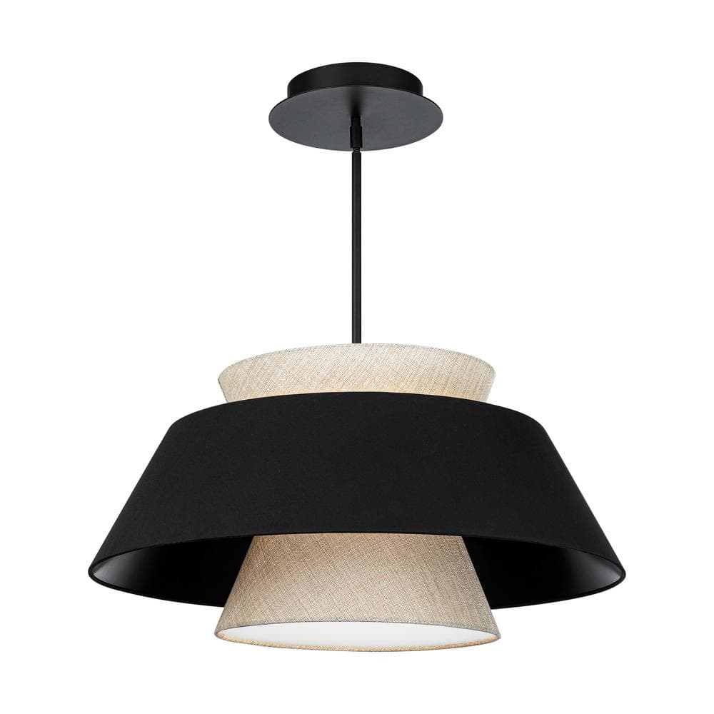 Rena Matte Black Aluminum LED Drum Pendant with Beige Fabric Shade