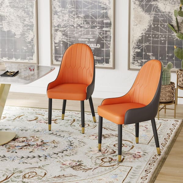 Magic Home Set of 2 Ergonomic PU Leather Dining Chair Morden Desk Chair with Solid Wood Metal Legs and Backrest, Orange
