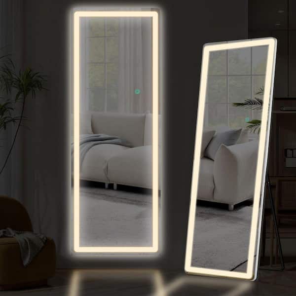Silver 26 in. W x 71 in. H Rectangle Aluminum Alloy Frame Floor Mirror with 3-Color Dimming LED Light