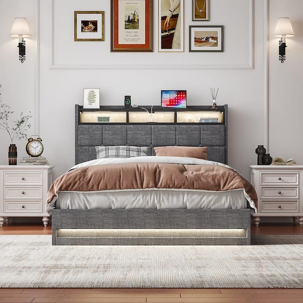 Upholstered Storage Bed Gray Metal Frame Full Platform Bed with Lighted Headboard, USB Ports and Shelves