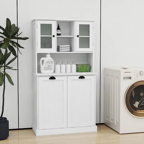 Lamont White Wood 59.7 in. Tilt-Out Laundry Hamper and Upper Storage Cabinet with 2 Doors and 2 Adjustable Shelves