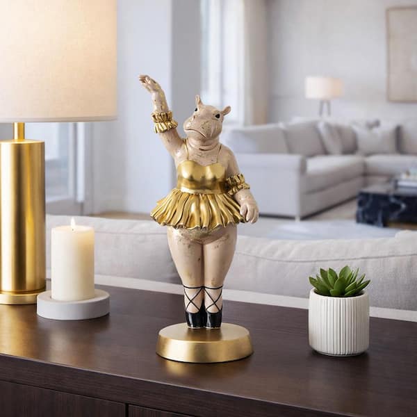 Liv & Skye Gold 7.5 in. x 15.75 in. Resin Decorative Ballerina Hippo Figurine with Base 23418
