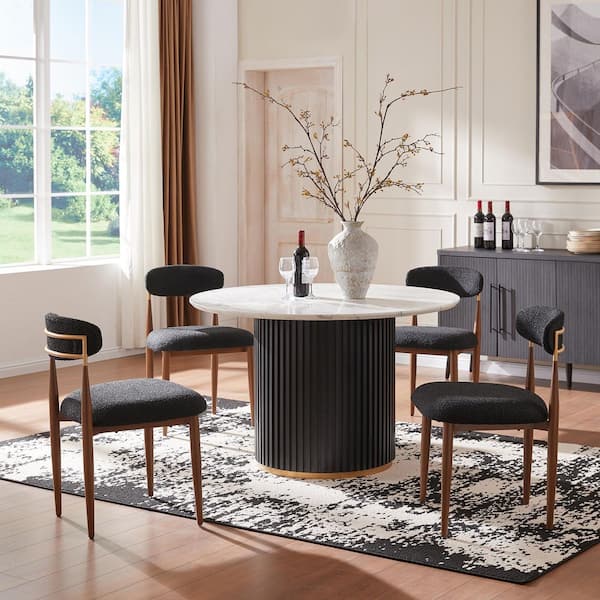 Modern 5-Piece Faux Marble Dining Table Top with Boucle Chairs in Black Dining Room Set for Kitchen Seats of 4