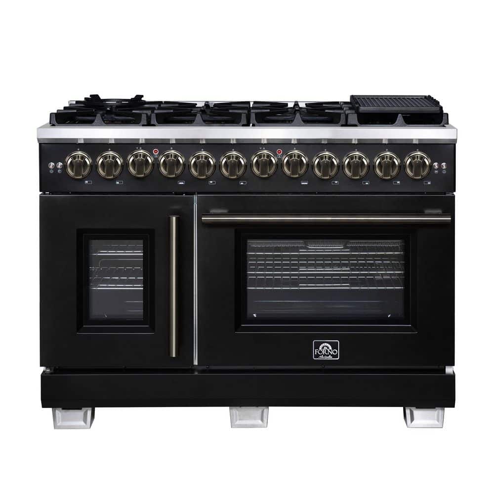 Capriasca 48 Inch Freestanding French Door Dual Fuel Range in Black with Antique Brass Accessories price history on PriceWatchPro