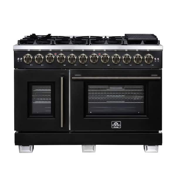 Capriasca 48 Inch Freestanding French Door Dual Fuel Range in Black with Antique Brass Accessories