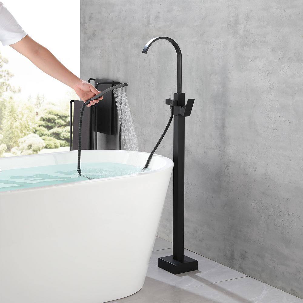 Matte Black Freestanding Floor Mount Tub Faucet with Hand Shower