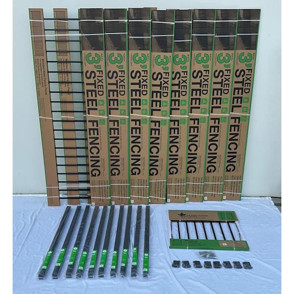 US Door and Fence 2.67 ft. x 64 ft. Black Ornamental Space Bar Flat Metal Fence Panel Kit (8 panels,Posts,brackets,Gate) InGround Install