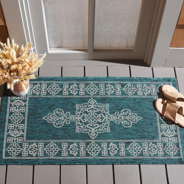 Courtyard Teal/Ivory 3 ft. x 5 ft. Border Medallion Indoor/Outdoor Area Rug