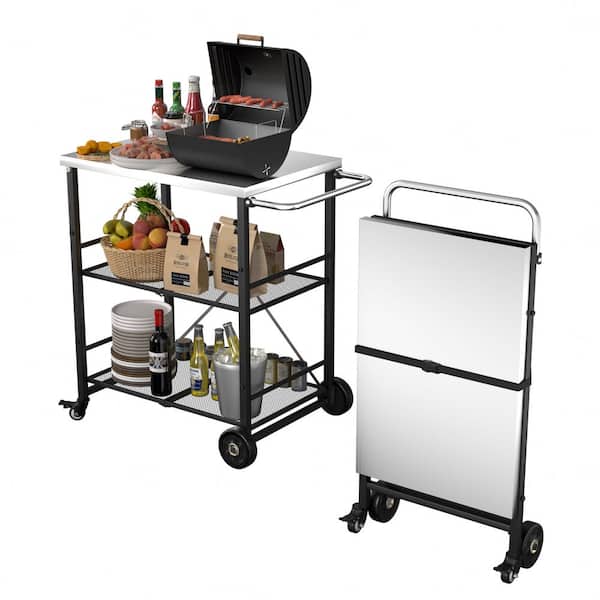VEIKOUS 3- Shelf Stainless Steel Foldable Outdoor Grill Cart Indoor Prep Table with 4 Wheels (28 in. W x 18.5 in. D)