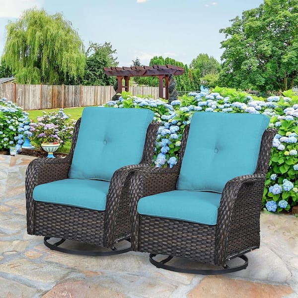 Gymojoy Carolina 2-Person Brown Wicker Outdoor Glider with Turquoise Cushion