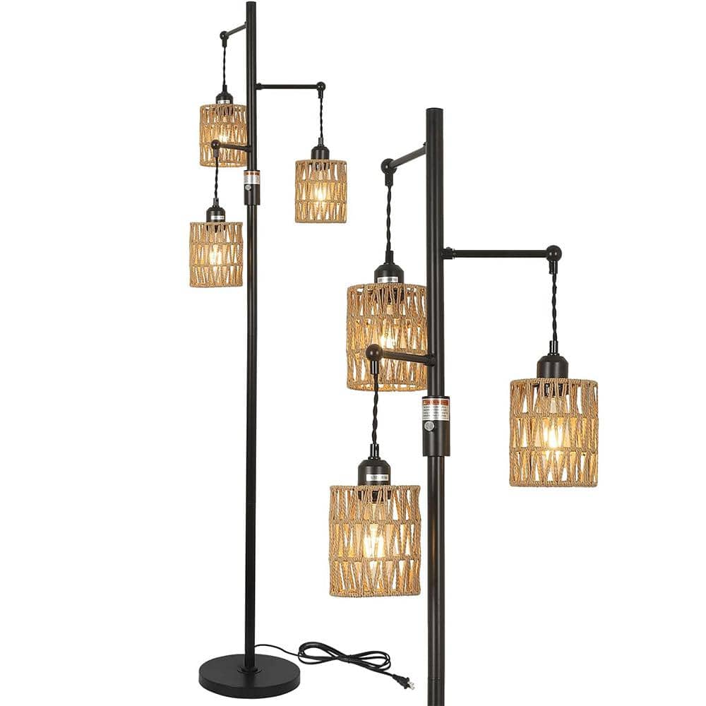 65 in. Black Boho Dimmable 3-Light Lantern Floor Lamp with Rattan Drum Shade, Foot Switch price history on PriceWatchPro