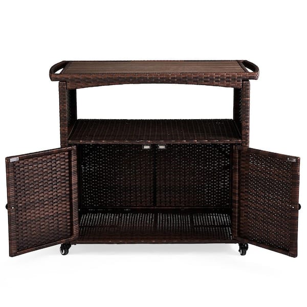 Wicker Outdoor Bar with Storage, Patio Bar Table w/Shelf, Outdoor Storage Cabinet
