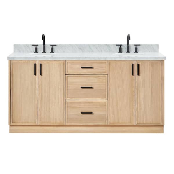 Kelly 73 in. W x 22 in. D x 36 in. H Double Sink Bath Vanity in White Oak with Italian Carrara Marble Top