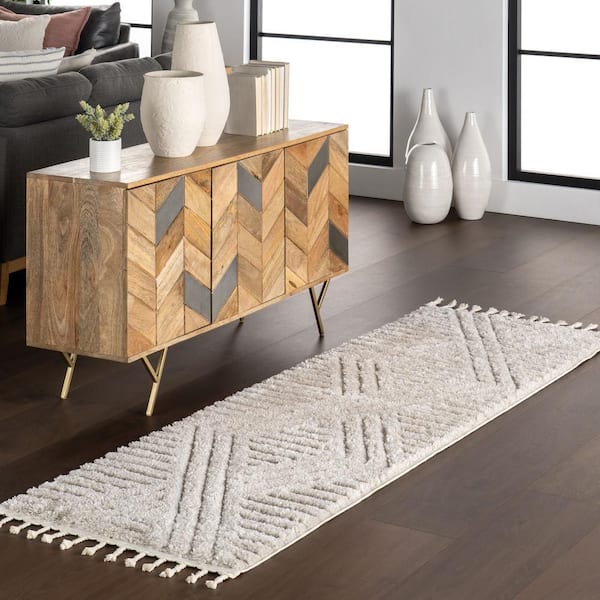 Risette Geometric Shag Tassel Area Beige 3 ft. x 6 ft. Indoor Runner Rug