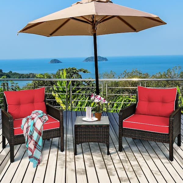 Costway 28 in. Brown Frame 3-Piece Plastic Rattan Patio Conversation Seating Set with Red Cushions