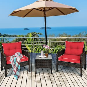 28 in. Brown Frame 3-Piece Plastic Rattan Patio Conversation Seating Set with Red Cushions