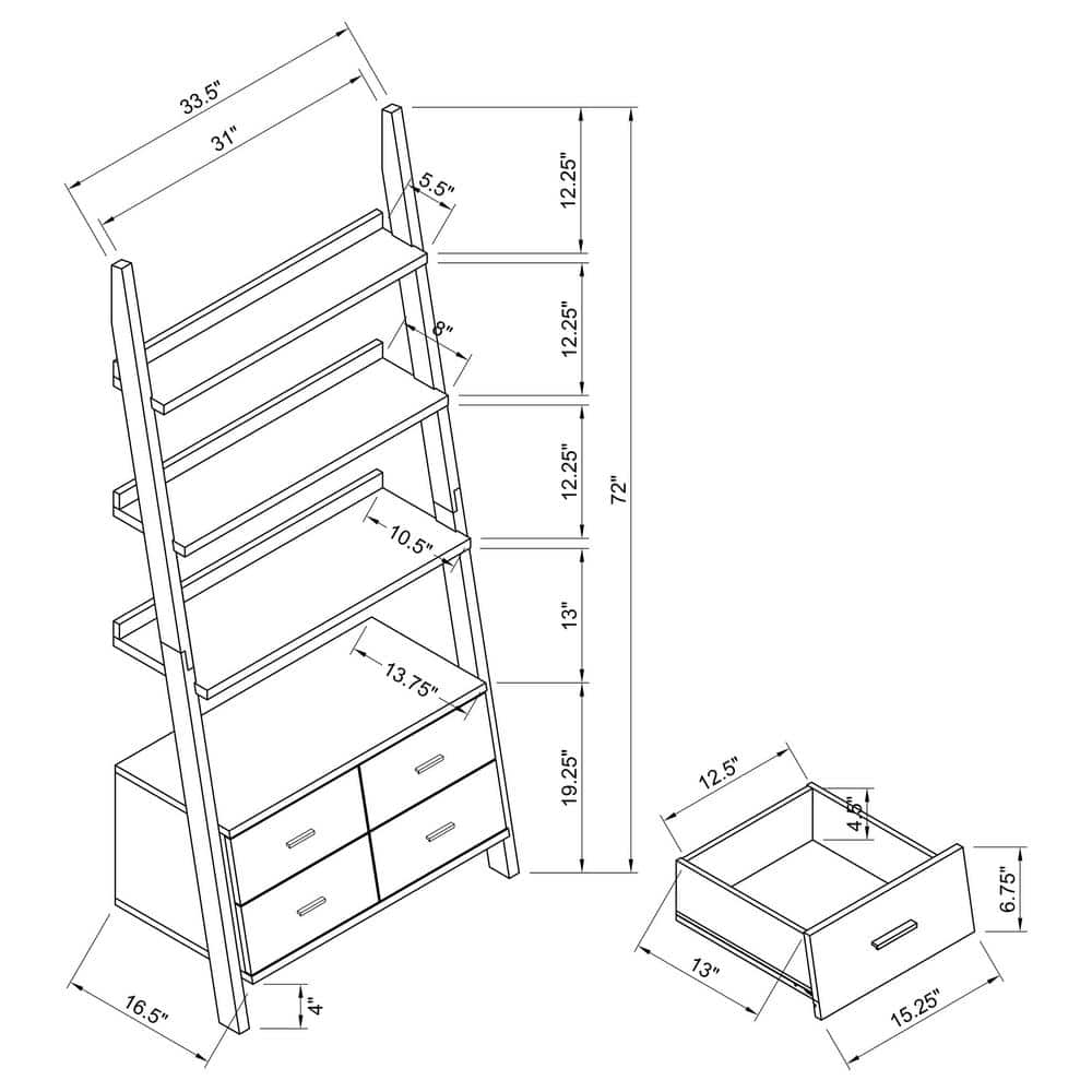 Cappuccino 69" MDF Ladder Bookcase with 4 Drawers