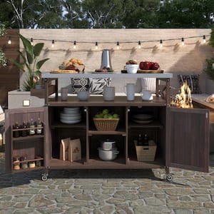 50.25 in. Dark Brown Farmhouse Solid Wood Outdoor Kitchen Island Grill Cart with Stainless Steel Top