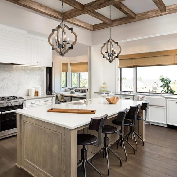 Farmhouse 4-Light Black Wood Global Island Lantern Adjustable Rustic Transitional Cottage Candle Ceiling Pendant