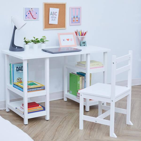 Wooden Top Play Desk With Side Shelves, White Desk With Side Shelves