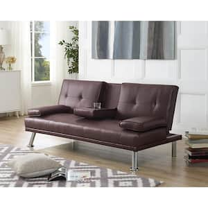 Espresso Futon Sofa Bed Faux Leather Futon Couch with Armrest, 2-Cupholders Sofa Bed Couch Convertible with Metal Legs