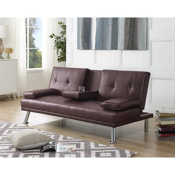 HOMESTOCK Espresso Futon Sofa Bed Faux Leather Futon Couch with Armrest, 2-Cupholders Sofa Bed Couch Convertible with Metal Legs