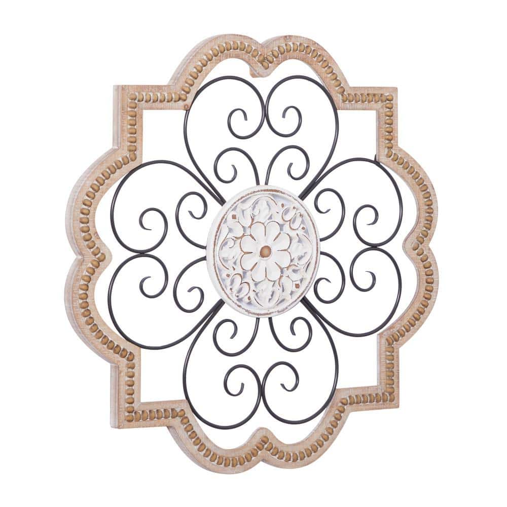 Brown and White Wooden Floral Scroll Wall Sculpture with Metal Accents