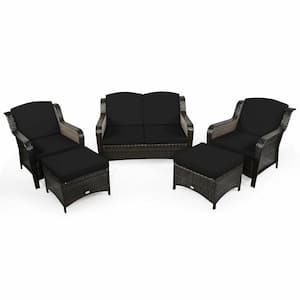 5-Piece Wicker Patio Conversation Set with Black Cushion and Ottoman