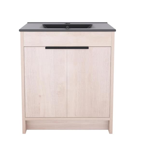 JimsMaison 30 in. W x 18 in. D x 34 in. H Freestanding Bath Vanity in Plain Light Oak with Black Ceramic Top
