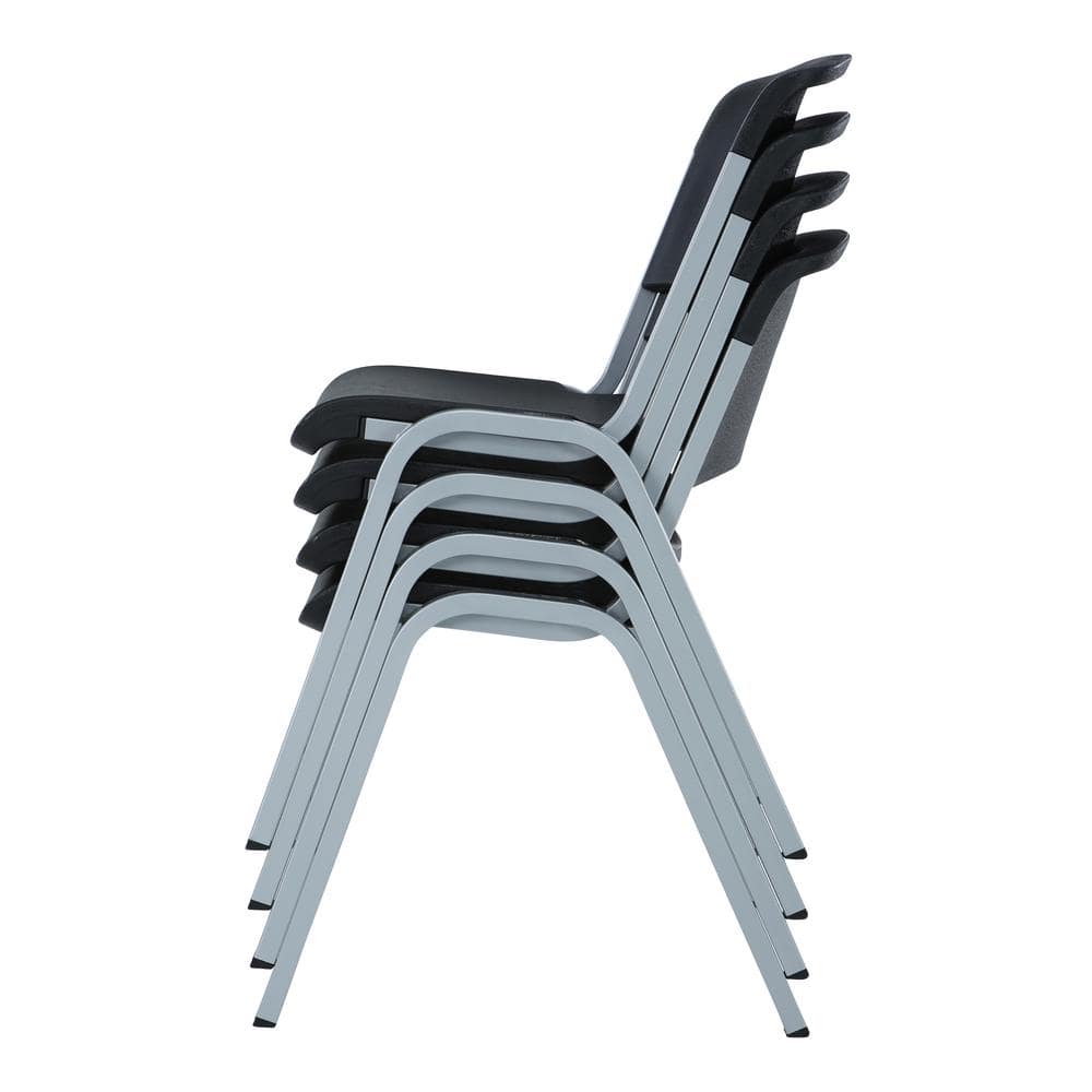 Modern Black and Silver Metal Plastic Utility Chairs, 4 Pack
