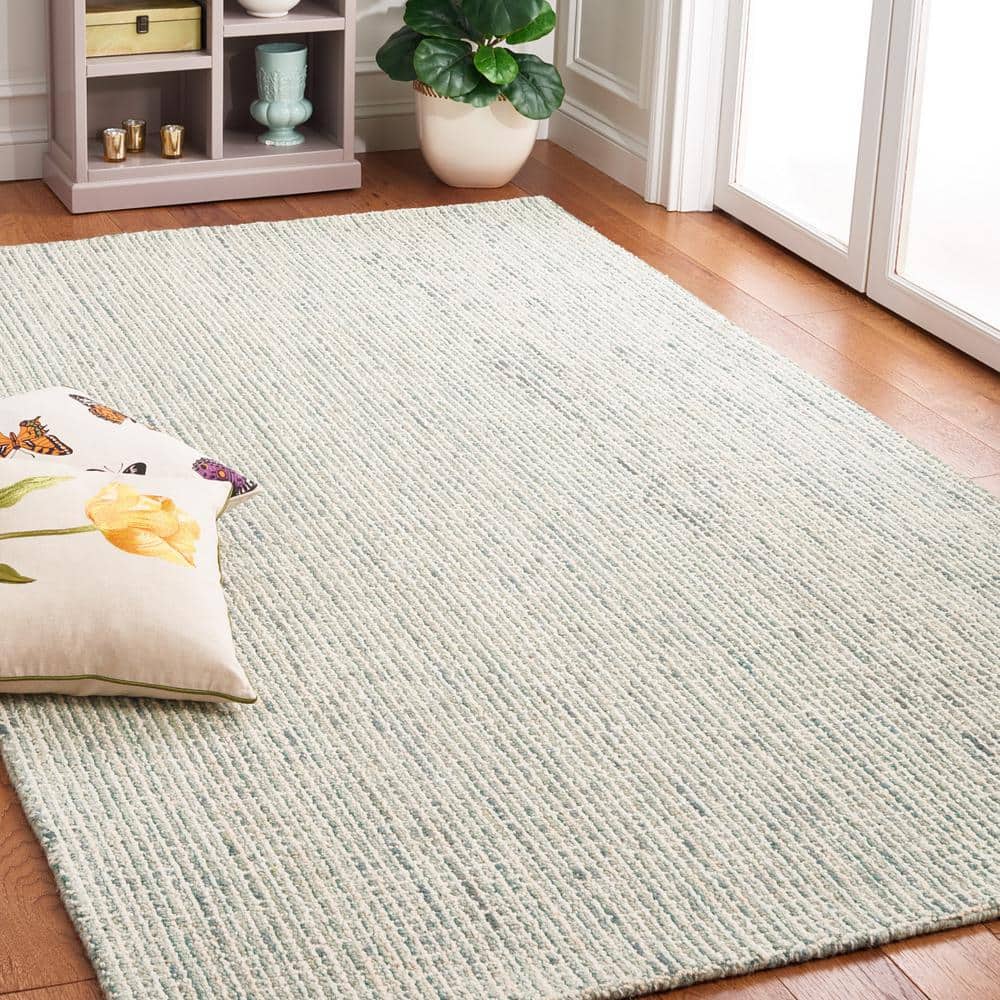 Ivory and Green Abstract Hand-Tufted Wool Square Rug, 4' x 4'