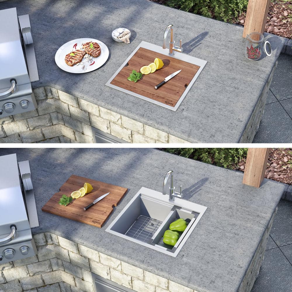 21" x 20" Stainless Steel Topmount Workstation Sink with Sapele Wood Cutting Board