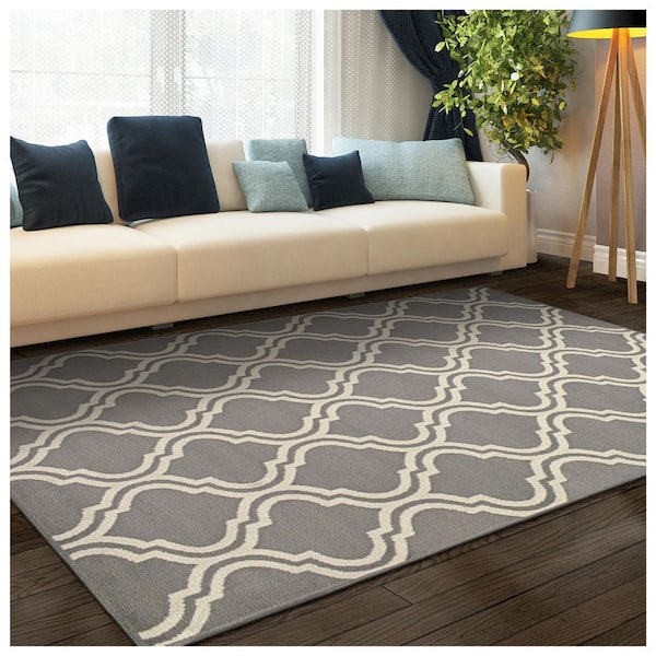 Double Trellis Grey 8 ft. x 10 ft. Rectangle Geometric Ornamental Trellis Polypropylene Area Rug