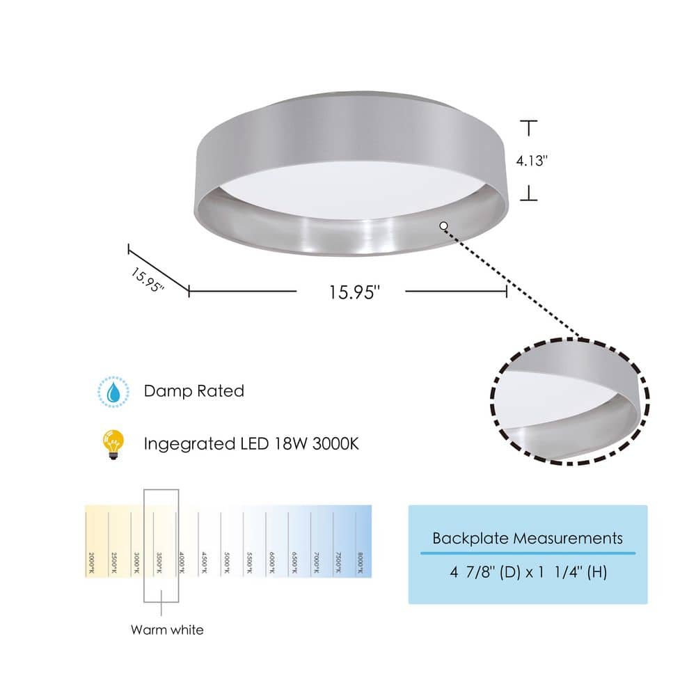 16'' Silver and White LED Drum Flush Mount Ceiling Light