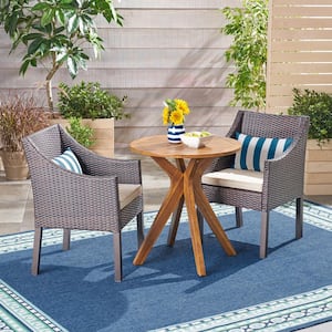 Arrigo Multi-Brown 3-Piece Wood and Faux Rattan Outdoor Bistro Set with Beige Cushions