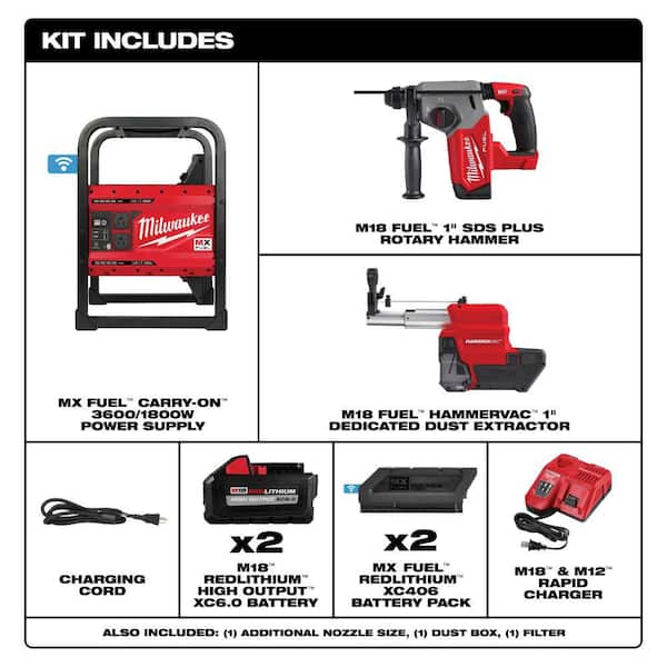 MX FUEL 3600-Watt/1800-Watt Batt Powered Push Start Generator W/M18 FUEL 1 in. SDS-Plus Rotary Hammer/Dust Extractor Kit