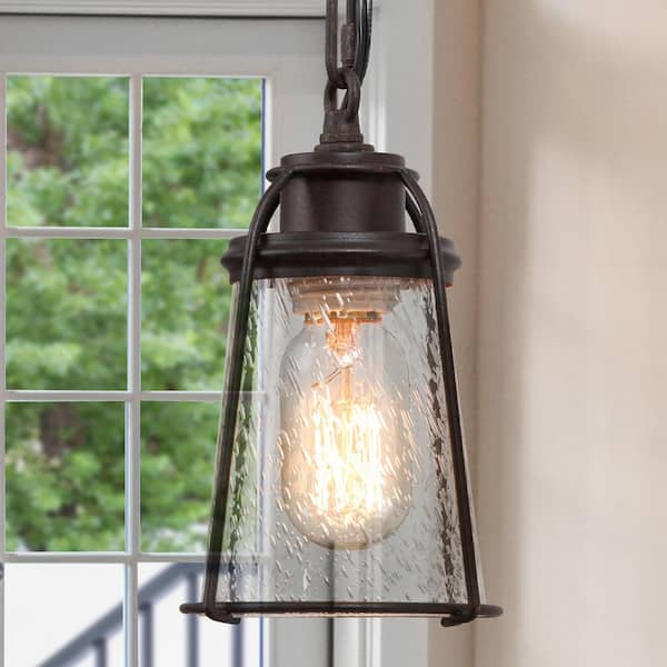Farmhouse Black Kitchen Pendant Light, Maya 1-Light Modern Industrial Bronze Pendant Light with Caged Seeded Glass Shade
