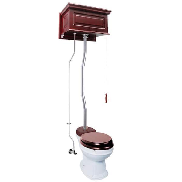 RENOVATORS SUPPLY MANUFACTURING Cherry Wood High Tank Pull Chain Toilet 2-piece 1.6 GPF Single Flush Round Bowl Toilet in. White Seat Not Included