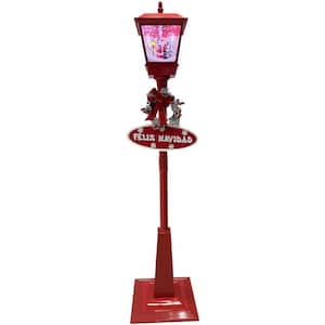 Let It Snow Series 71 in. Musical Snowy Street Lamp in Red with Santa, Feliz Navidad Sign and Let it Snow Sign