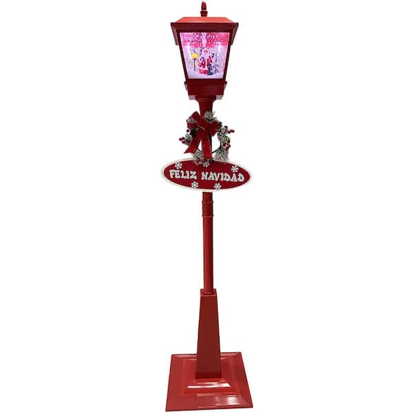 Fraser Hill Farm Let It Snow Series 71 in. Musical Snowy Street Lamp in Red with Santa, Feliz Navidad Sign and Let it Snow Sign