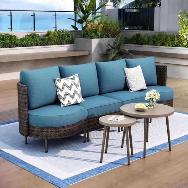 PHI VILLA Black 6-Pieces Metal Patio Conversation Sectional Seating Set with 2 Round Coffee Table, Brown Rattan and Navy Cushions