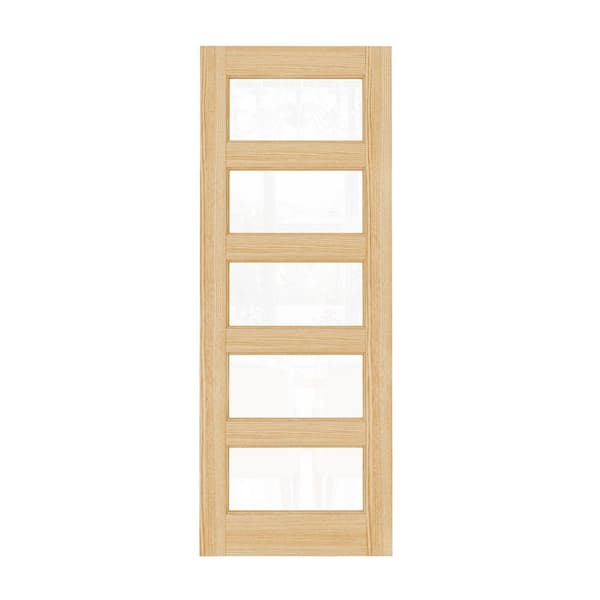 32 in. x 80 in. Modern Universal/Reversible 5-Lite Tempered Clear Glass Unfinished Pine Wood Front Door Slab