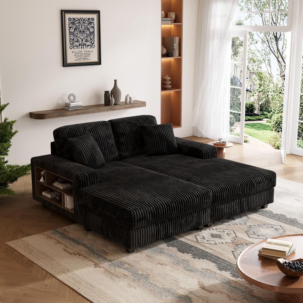 Isaac 79.5 in. Black Corduroy Upholstered Sleeper Queen Size Sofa Bed Double Chaise Lounge with Storage Arms and Pillows price history on PriceWatchPro