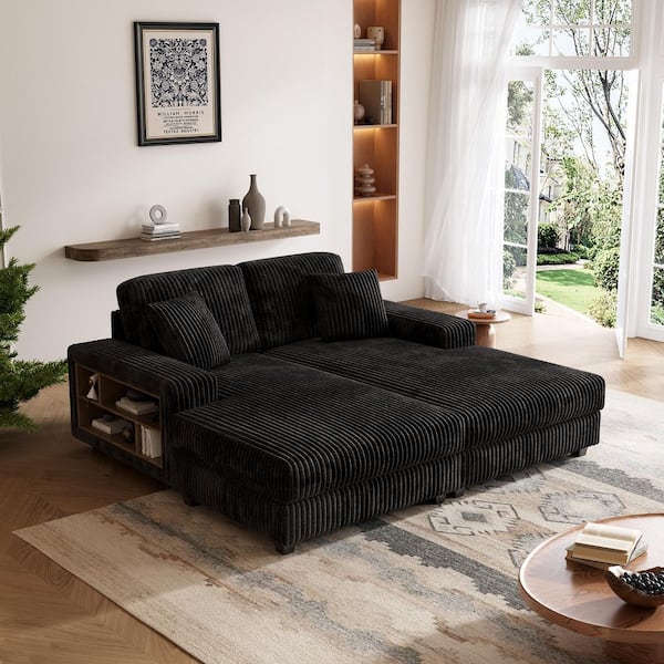 Isaac 79.5 in. Black Corduroy Upholstered Sleeper Queen Size Sofa Bed Double Chaise Lounge with Storage Arms and Pillows